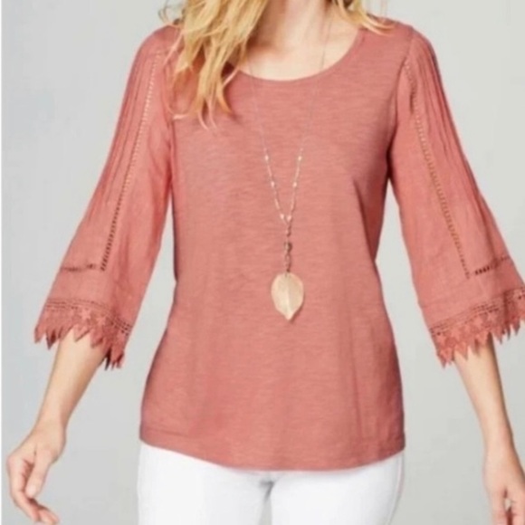 J. Jill MP Petite Pink Crochet Lace Trimmed Long Sleeve Blouse Feminine cottage - Picture 1 of 16